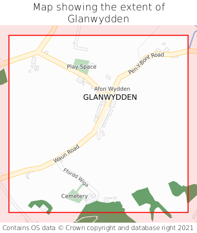 Map showing extent of Glanwydden as bounding box