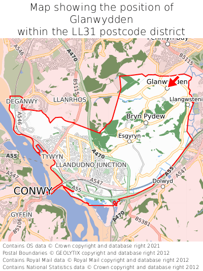 Map showing location of Glanwydden within LL31