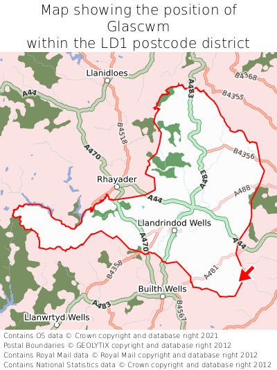 Map showing location of Glascwm within LD1