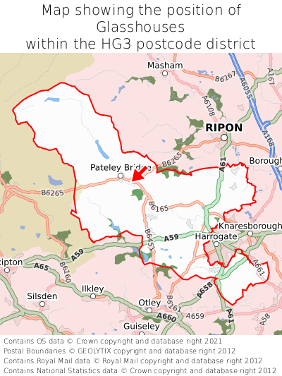 Map showing location of Glasshouses within HG3