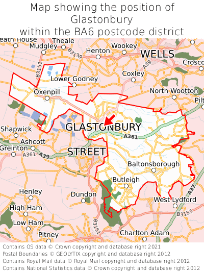 Map showing location of Glastonbury within BA6