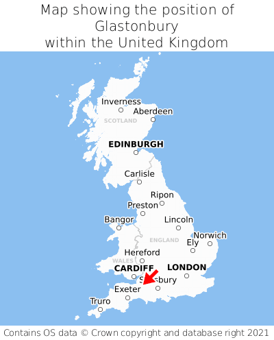Map showing location of Glastonbury within the UK