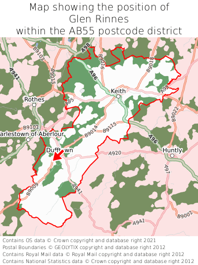 Map showing location of Glen Rinnes within AB55