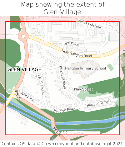 Map showing extent of Glen Village as bounding box