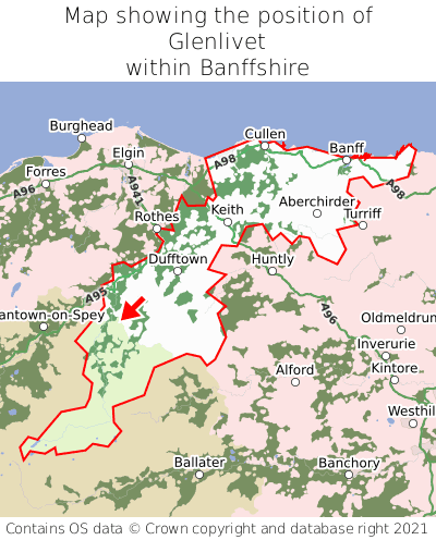 Map showing location of Glenlivet within Banffshire