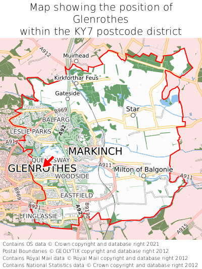 Map showing location of Glenrothes within KY7
