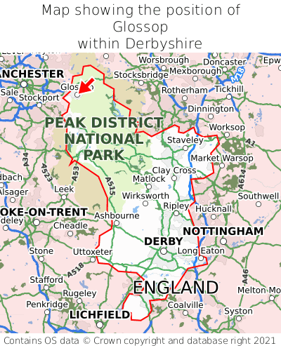 Map showing location of Glossop within Derbyshire