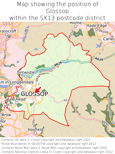 Map showing location of Glossop within SK13