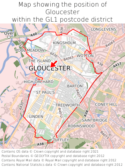 Map showing location of Gloucester within GL1