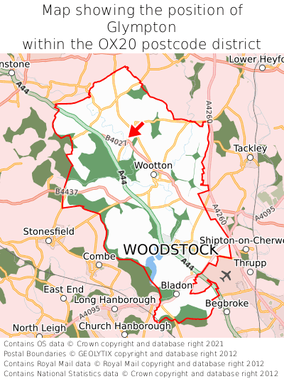 Map showing location of Glympton within OX20