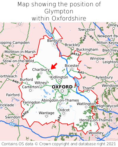 Map showing location of Glympton within Oxfordshire