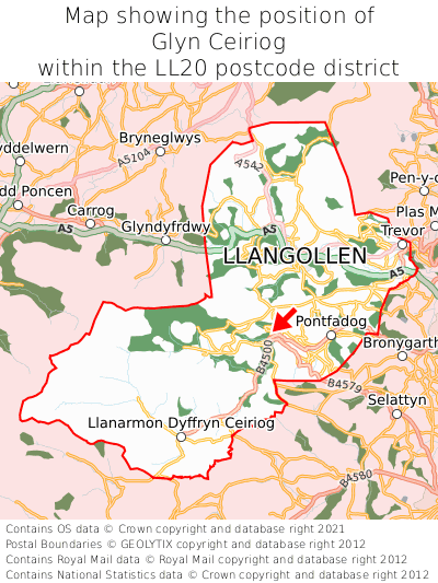 Map showing location of Glyn Ceiriog within LL20