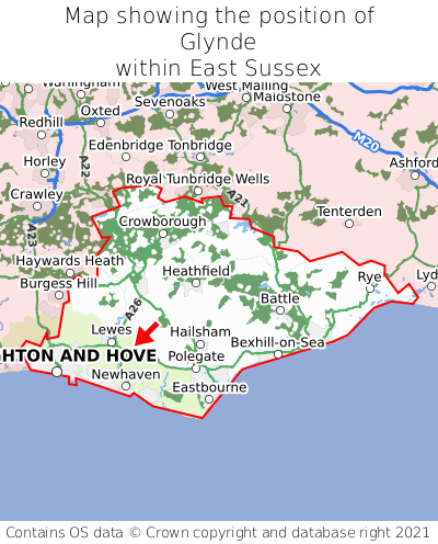 Map showing location of Glynde within East Sussex