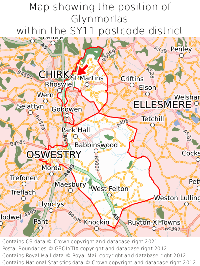 Map showing location of Glynmorlas within SY11