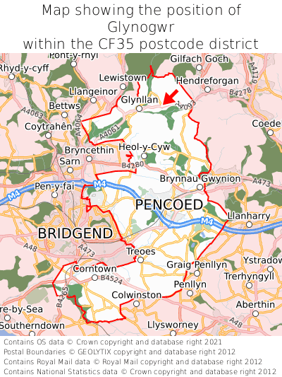 Map showing location of Glynogwr within CF35