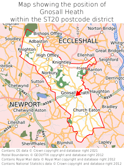 Map showing location of Gnosall Heath within ST20