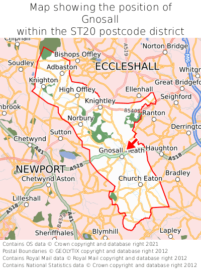 Map showing location of Gnosall within ST20