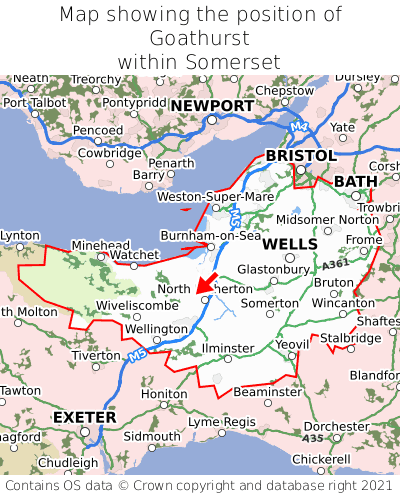 Map showing location of Goathurst within Somerset