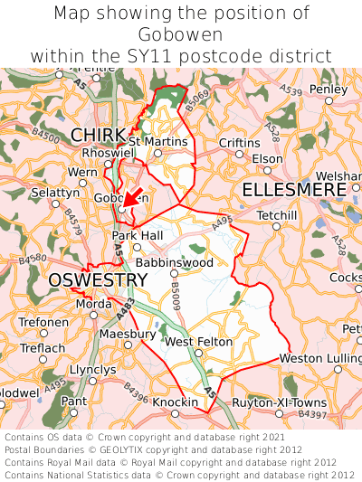 Map showing location of Gobowen within SY11