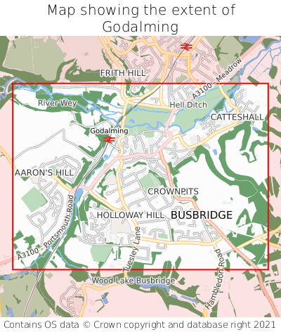 Map showing extent of Godalming as bounding box