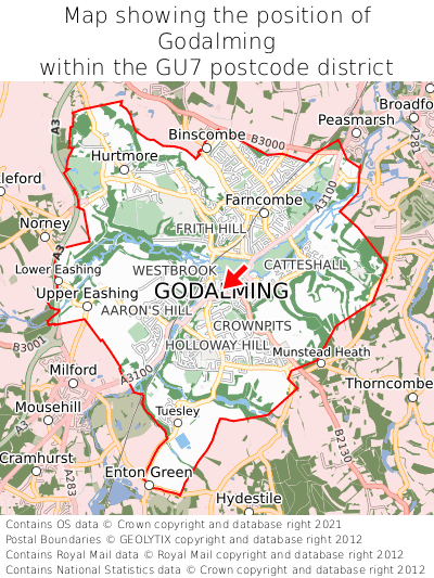 Map showing location of Godalming within GU7