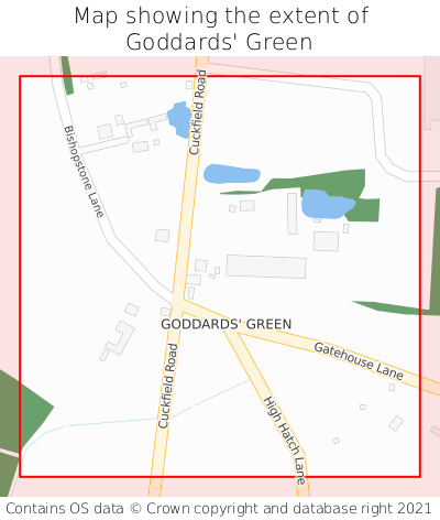 Map showing extent of Goddards' Green as bounding box