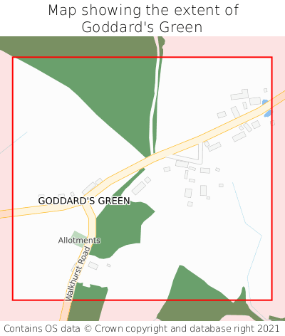 Map showing extent of Goddard's Green as bounding box