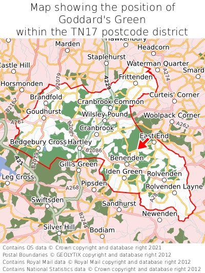 Map showing location of Goddard's Green within TN17