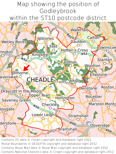 Map showing location of Godleybrook within ST10
