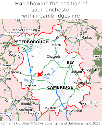 Map showing location of Godmanchester within Cambridgeshire