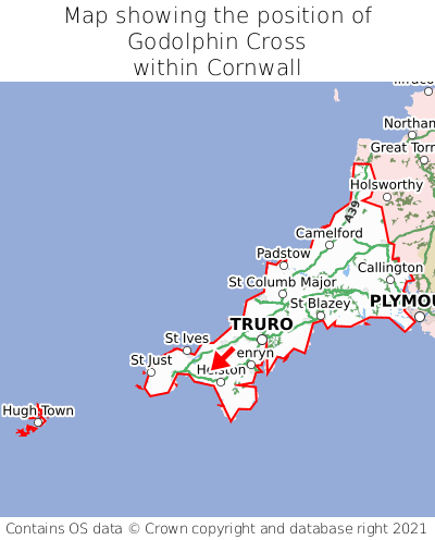 Map showing location of Godolphin Cross within Cornwall
