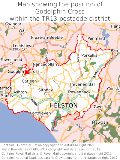 Map showing location of Godolphin Cross within TR13
