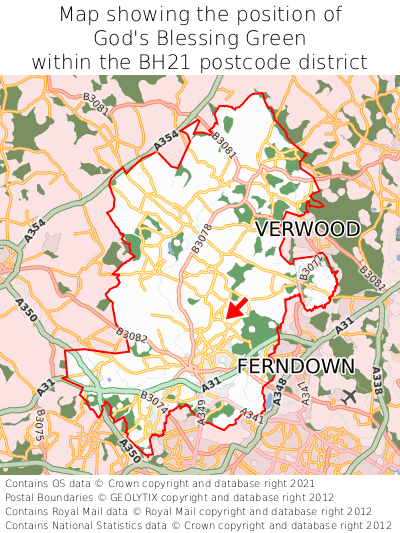 Map showing location of God's Blessing Green within BH21