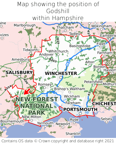 Map showing location of Godshill within Hampshire