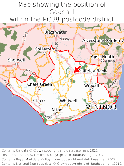 Map showing location of Godshill within PO38