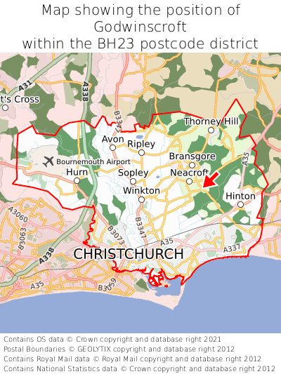 Map showing location of Godwinscroft within BH23