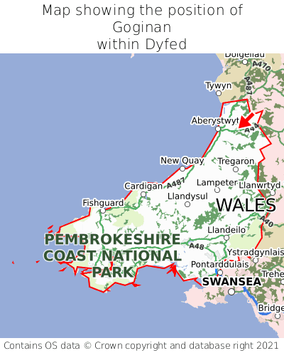 Map showing location of Goginan within Dyfed