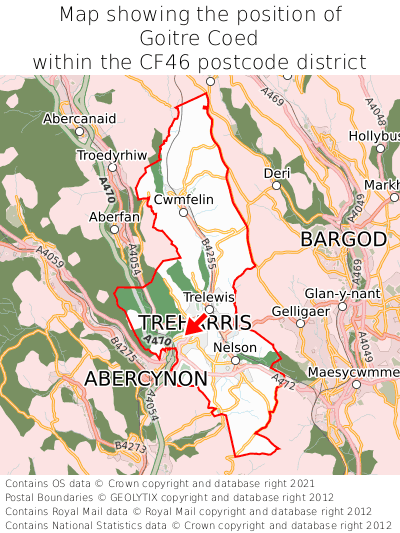 Map showing location of Goitre Coed within CF46