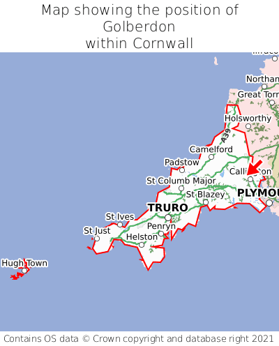 Map showing location of Golberdon within Cornwall