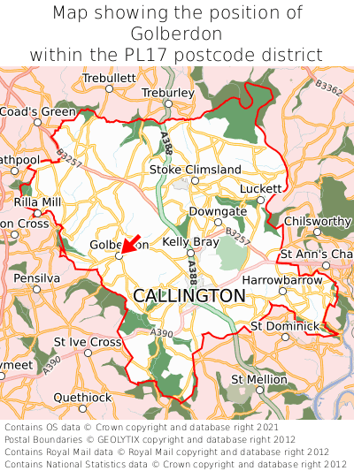Map showing location of Golberdon within PL17