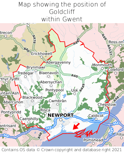 Map showing location of Goldcliff within Gwent