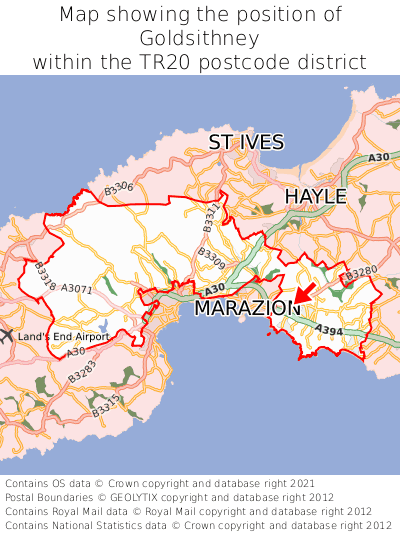 Map showing location of Goldsithney within TR20