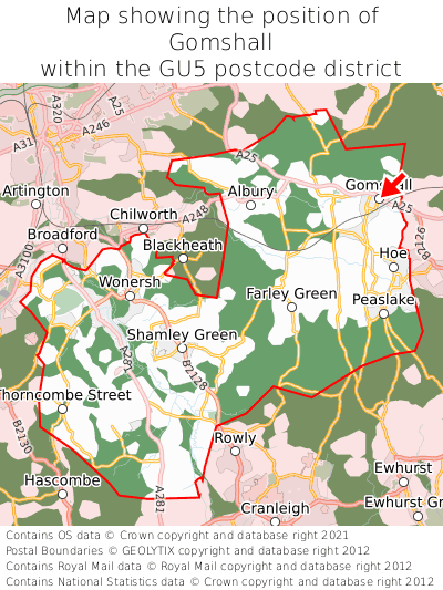 Map showing location of Gomshall within GU5