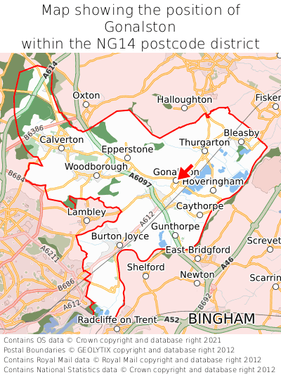 Map showing location of Gonalston within NG14