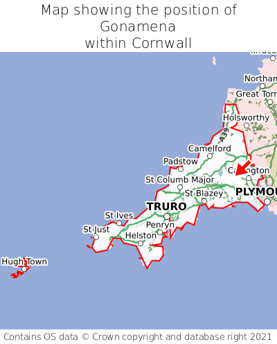 Map showing location of Gonamena within Cornwall