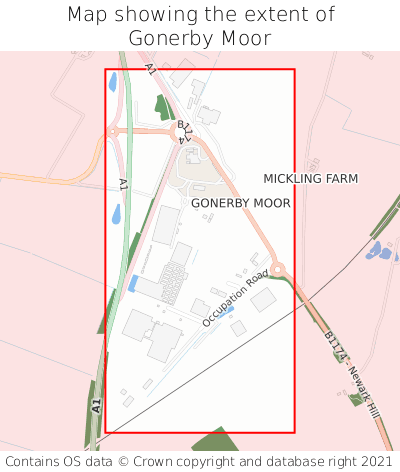Map showing extent of Gonerby Moor as bounding box