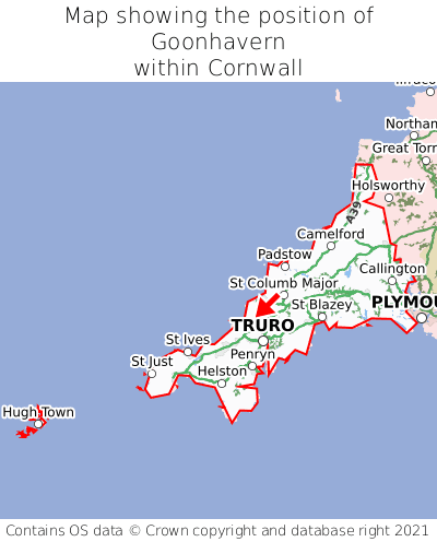 Map showing location of Goonhavern within Cornwall
