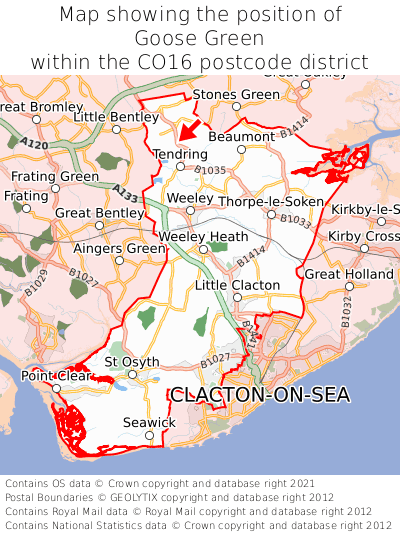 Map showing location of Goose Green within CO16