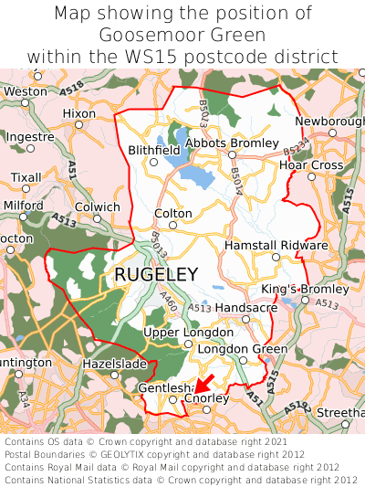 Map showing location of Goosemoor Green within WS15