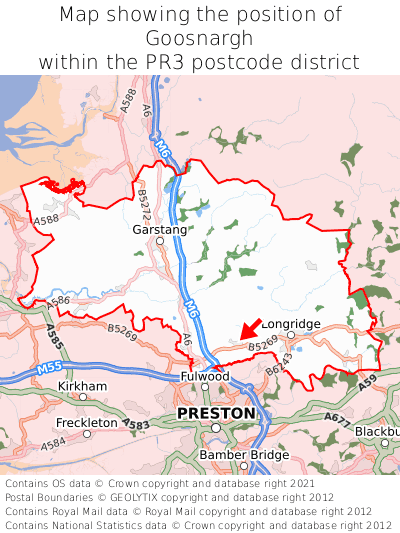 Map showing location of Goosnargh within PR3